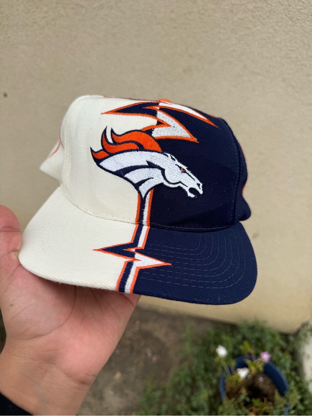 NFL Men Split-Panel Broncos Snapback Hat - Navy, White & Orange
